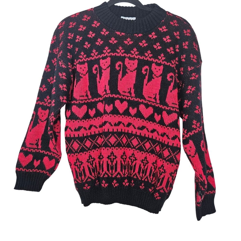 Vintage 80s Adele Knitwear M Red Black Crew Neck Sweater Heart Cat Lady Cottage